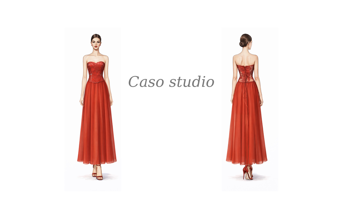 Caso studio: il due pezzi rosso di Maddalena, tra corsetto couture e chiffon leggerissimo