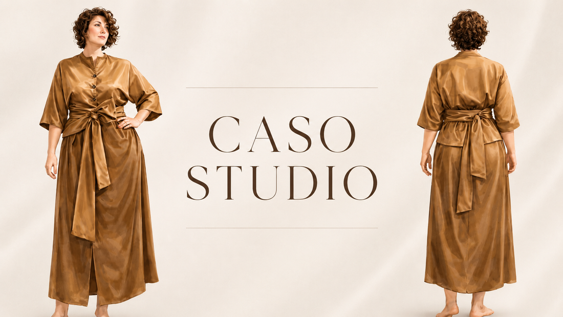 Caso studio: spezzato elegante con messa a misura — Luisa, gonna Izumi e camicia Lorella in cotone rasato bronzo