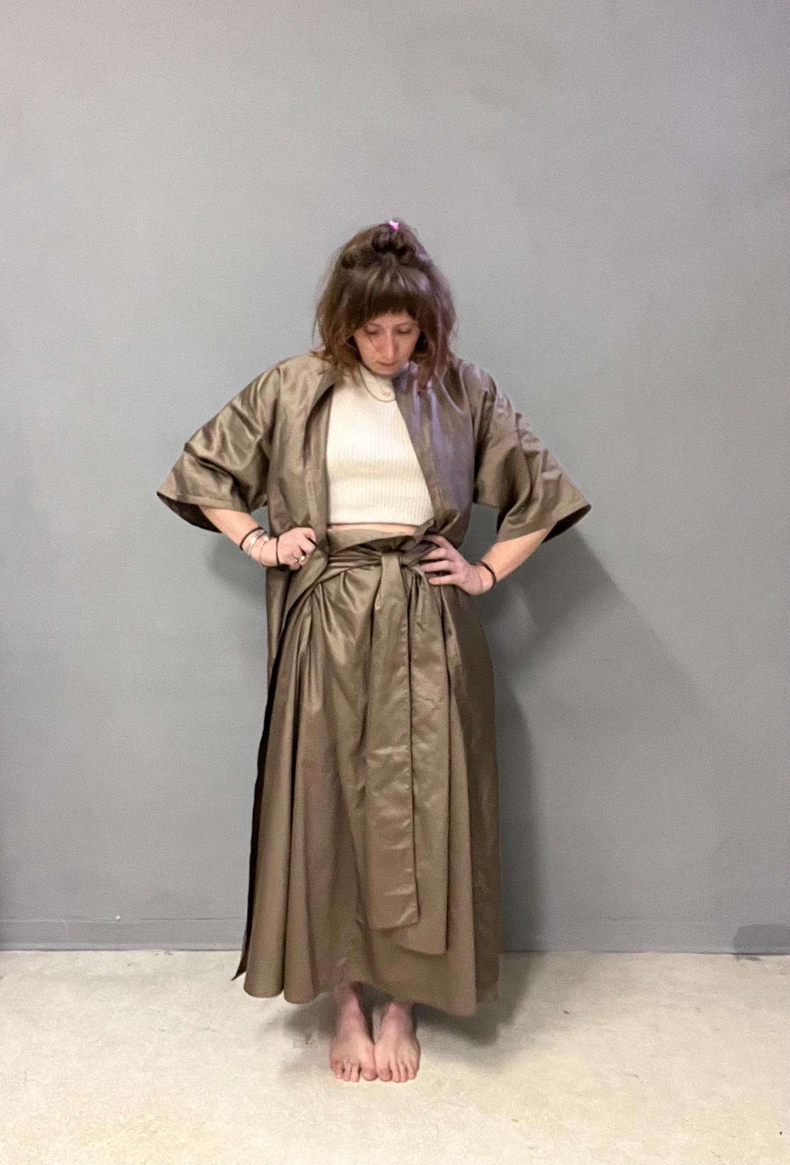 set Yohji, kimono e gonna izumi, cotone rasato, su misura, su ordinazione